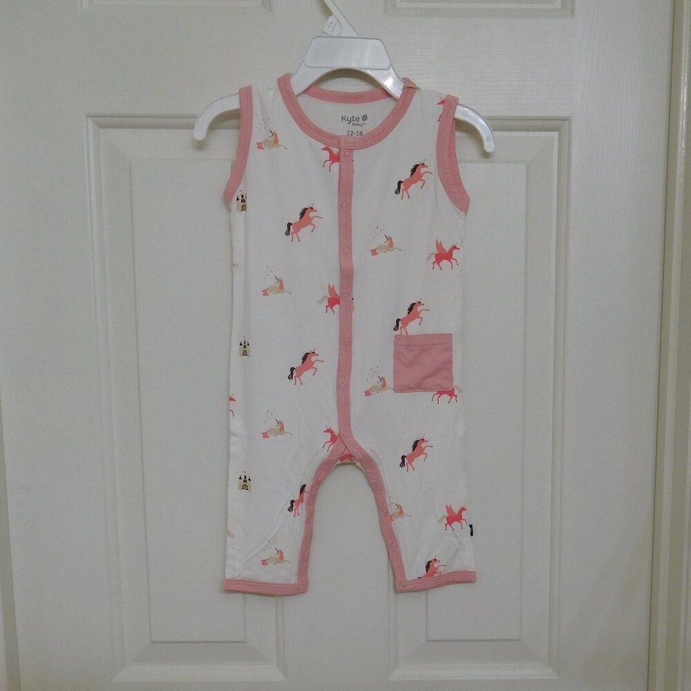 NWT Kyte Baby White With Pink Unicorn Print Romper sz 12-18 Months